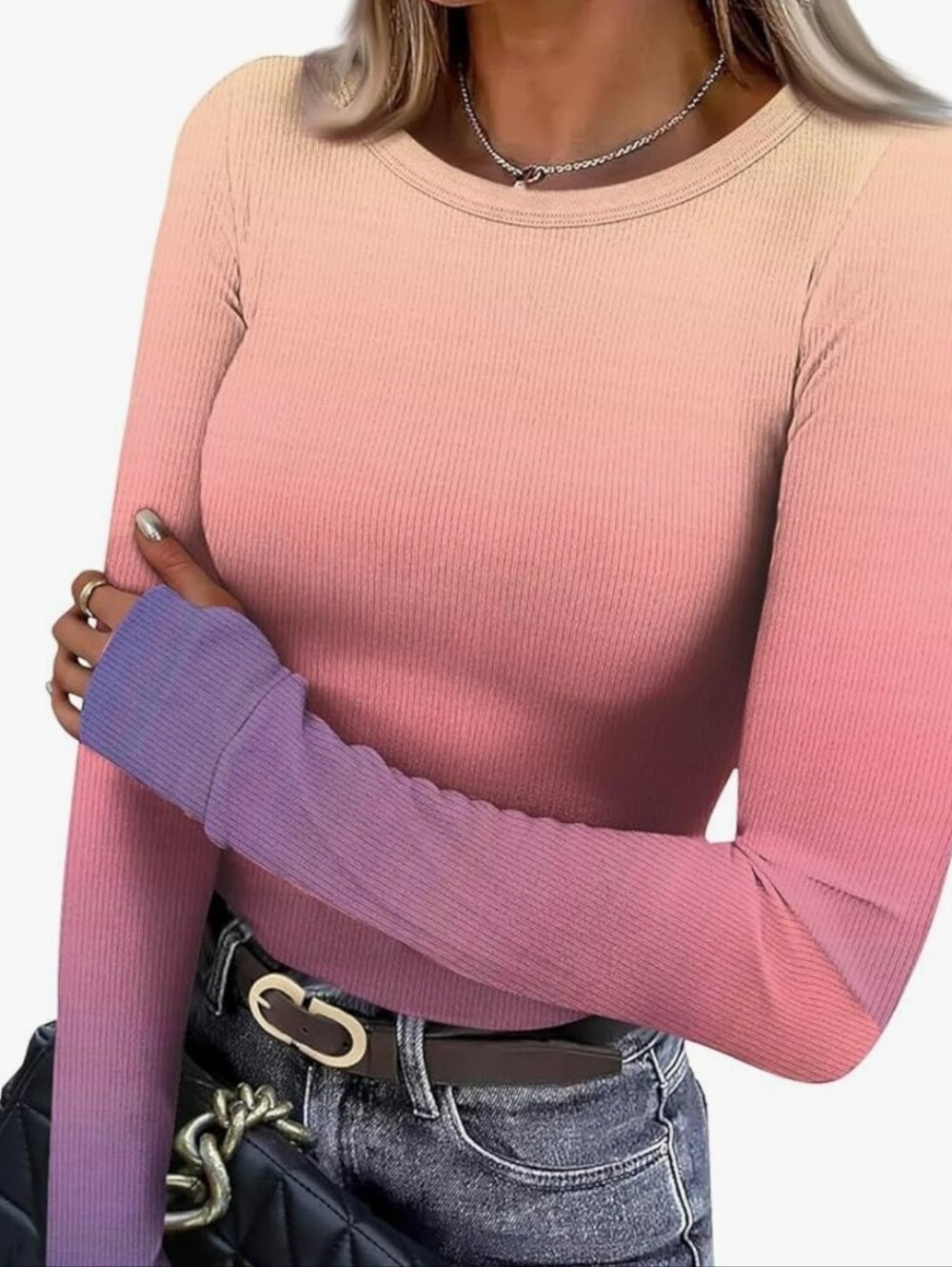 Pink To Purple Ombre Ribbed Long-Sleeve Top